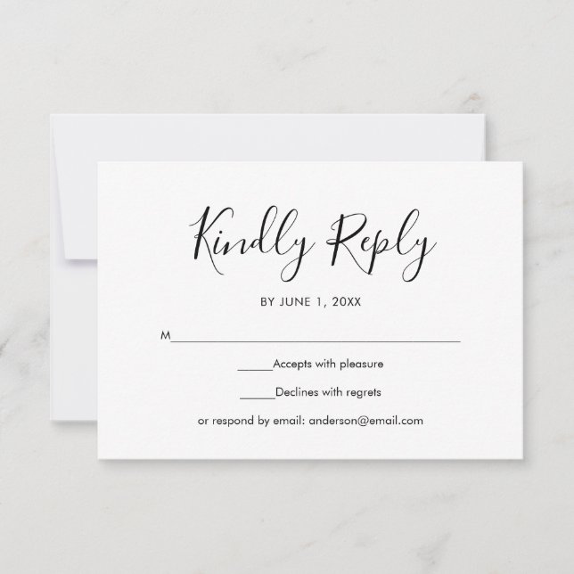 RSVP de boda elegante simple en blanco y negro (Anverso)