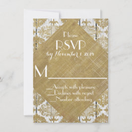 RSVP de boda en damasco dorado vintage y madera bl