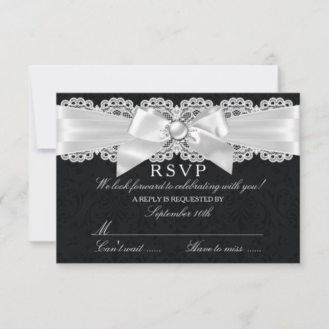 RSVP de boda en negro y blanco con damasco y lazo  (Anverso)