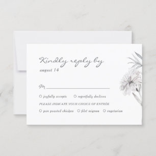RSVP de boda en negro y blanco con flor dibujada a