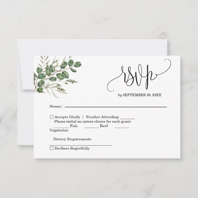 RSVP de boda escrito a mano con eucalipto (Anverso)