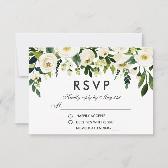 RSVP de boda floral acuarela verde blanco (Anverso)