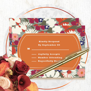 RSVP de boda floral retro naranja verde de los 70 