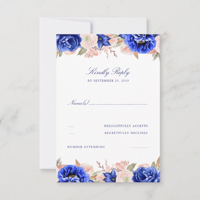 RSVP de boda floral rosada y naval (Anverso)