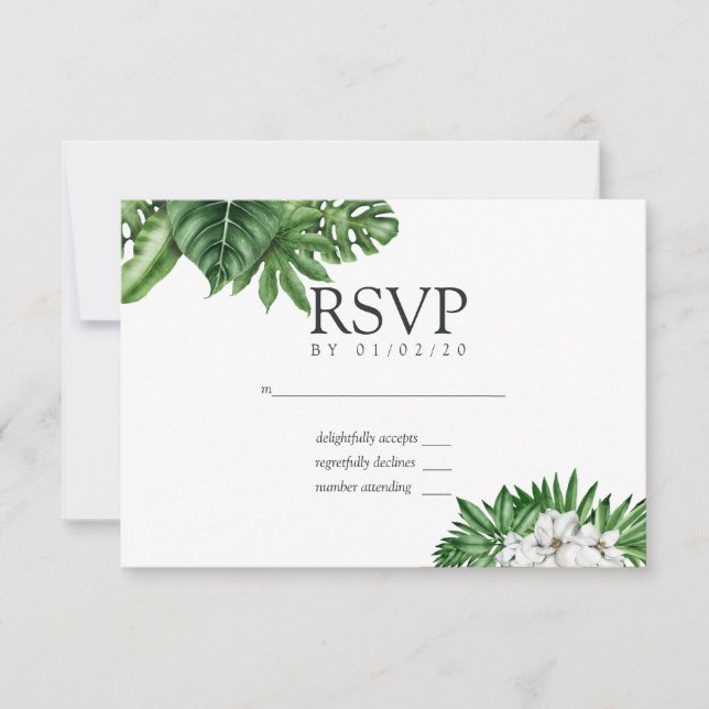RSVP de boda geométrica de vegetación tropical (Anverso)