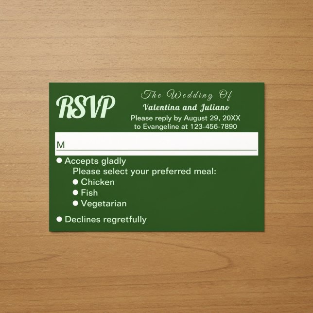 RSVP de boda minimalista verde oscuro (Typography style minimalist dark green wedding RSVP card)