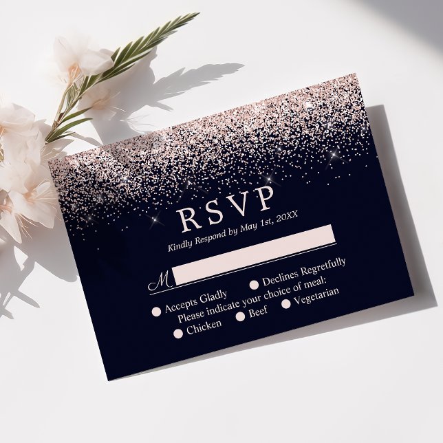 RSVP de boda moderna azul marino con confeti de or (Subido por el creador)
