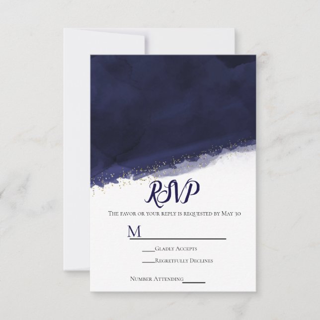 RSVP de boda moderna chic azul naval acuarela dora (Anverso)
