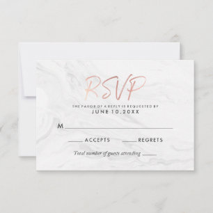 RSVP de boda moderno con guión de oro rosa y mármo