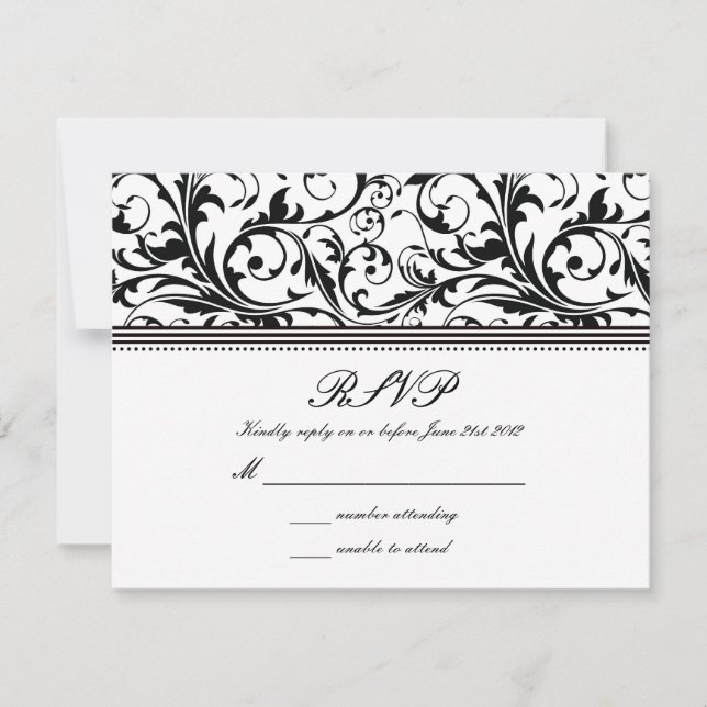 RSVP de Boda Negra y Blanca de Swirl (Anverso)