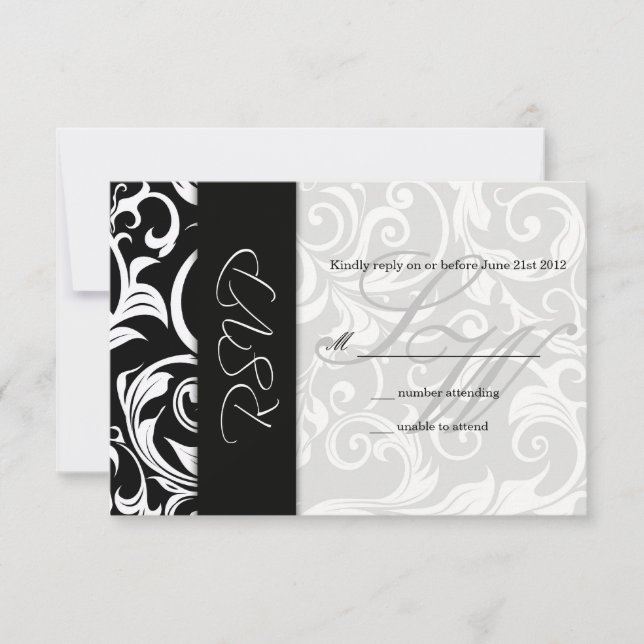 RSVP de Boda Negra y Blanca de Swirl (Anverso)