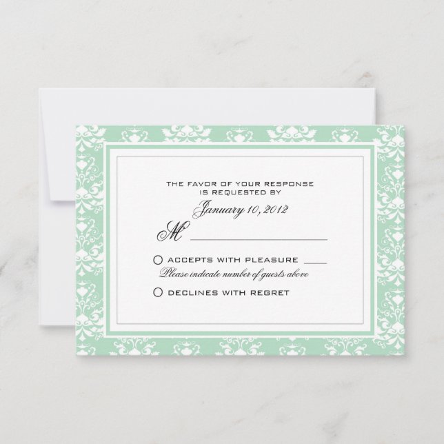 RSVP de boda personalizada Mint and White Damask (Anverso)