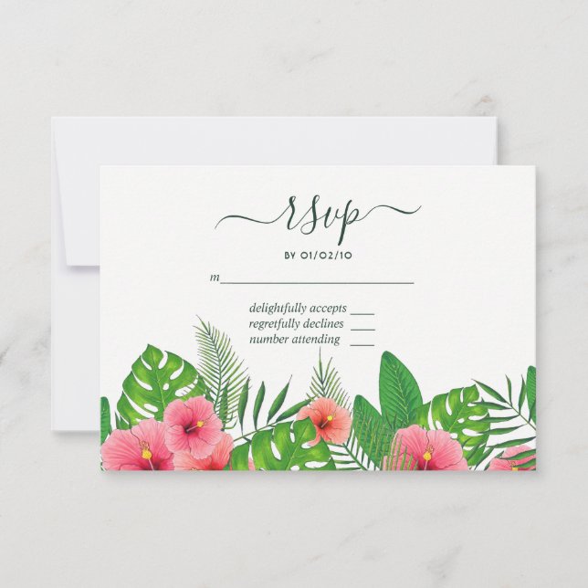 RSVP de boda playera con hojas tropicales acuarela (Anverso)