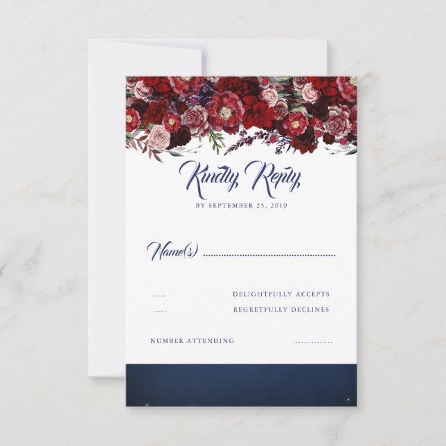 RSVP de boda roja azul y borgoña (Anverso)