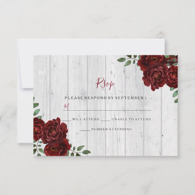 RSVP de boda romántica Rosa de Borgoña de Madera R (Anverso)