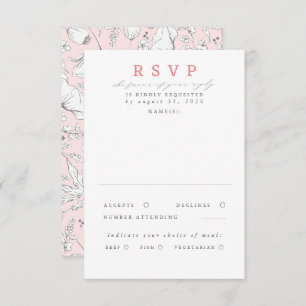 RSVP de boda rosa con flores silvestres dibujadas 