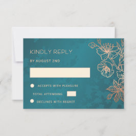 RSVP de boda rosa oro teal floral