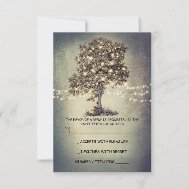 RSVP de boda rústica con luces de árbol y cadena (Anverso)
