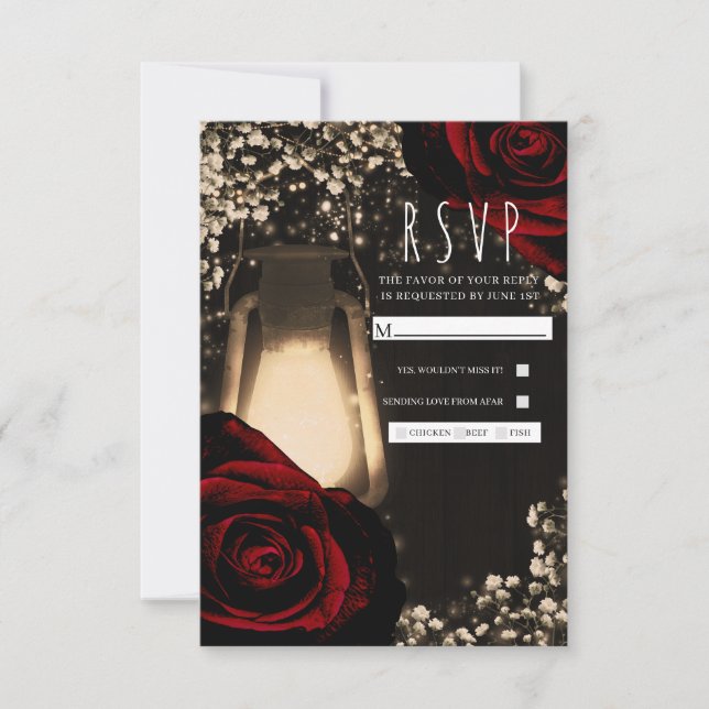 RSVP de boda Rústica de linterna brillante y rosas (Anverso)