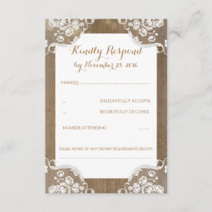 RSVP de boda rústica de madera y encaje