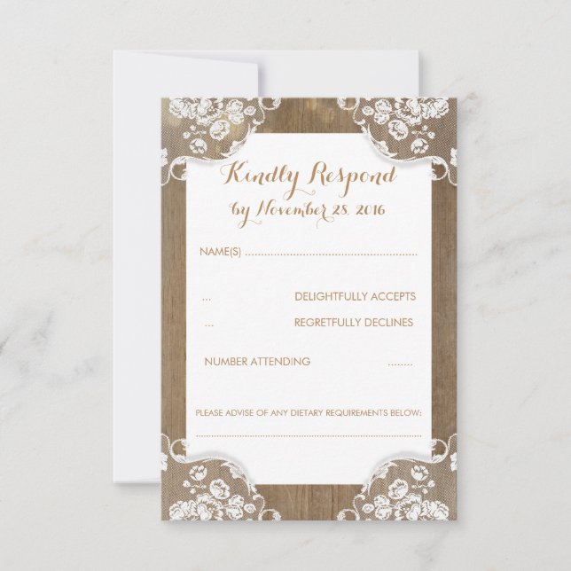 RSVP de boda rústica de madera y encaje (Anverso)