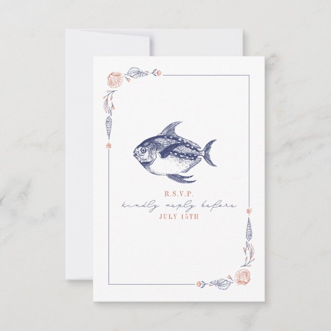 RSVP de Boda Rustica de Pescado Rojo y Playa Azul (Anverso)
