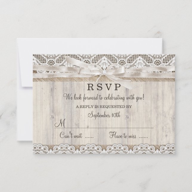RSVP de boda rústica vintage de encaje y madera (Anverso)