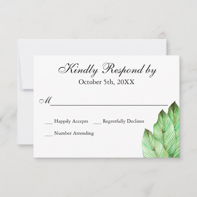RSVP de boda tropical con follaje de acuarela (Anverso)