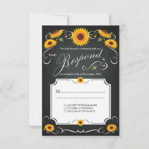 RSVP de boda vintage con girasoles y pizarra