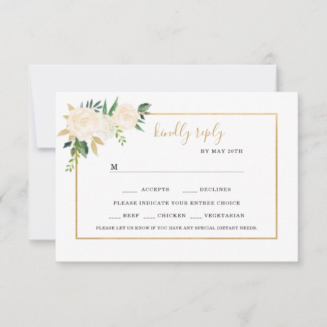 Rsvp de boda White Floral con opciones de entrada (Anverso)