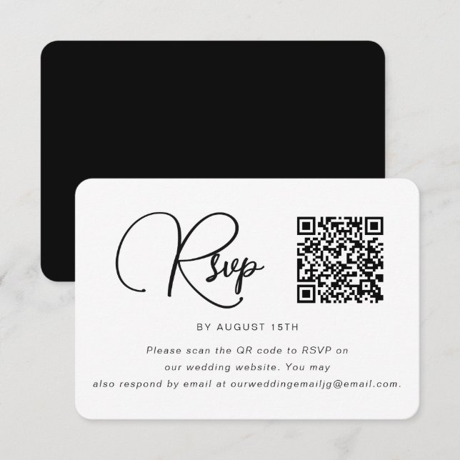RSVP de bodas blancas y negras con código QR (Anverso / Reverso)