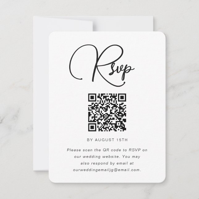 RSVP de bodas blancas y negras con código QR (Anverso)