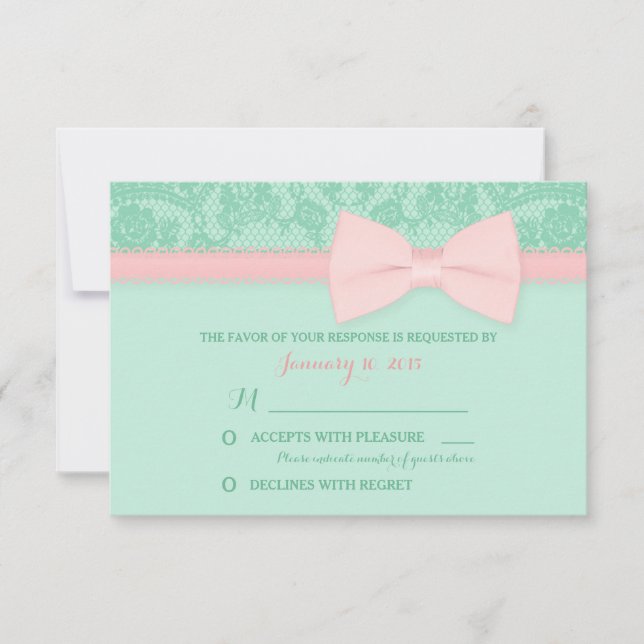RSVP de bodas de encaje rosa y de menta (Anverso)