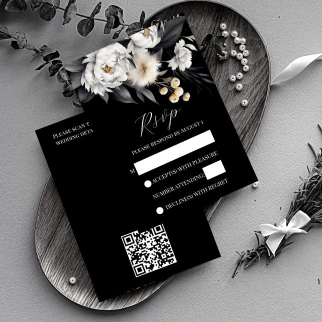 Rsvp de bodas en blanco y negro (Black and white boho wedding rsvp card noir wedding invitation suite black rsvp card white peonies)