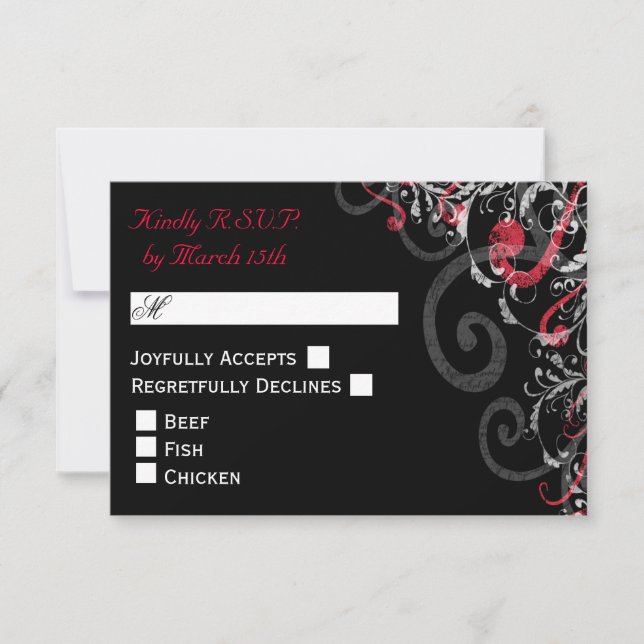 RSVP de bodas en negro, blanco y rojo (Anverso)
