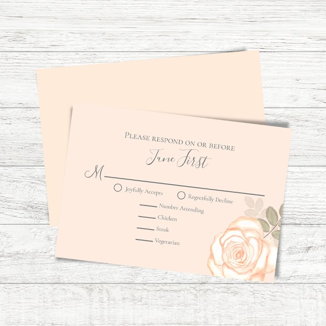 RSVP de bodas para la elección de comida floral ro (Peach floral wedding RSVP response card with elegant watercolor rose.)