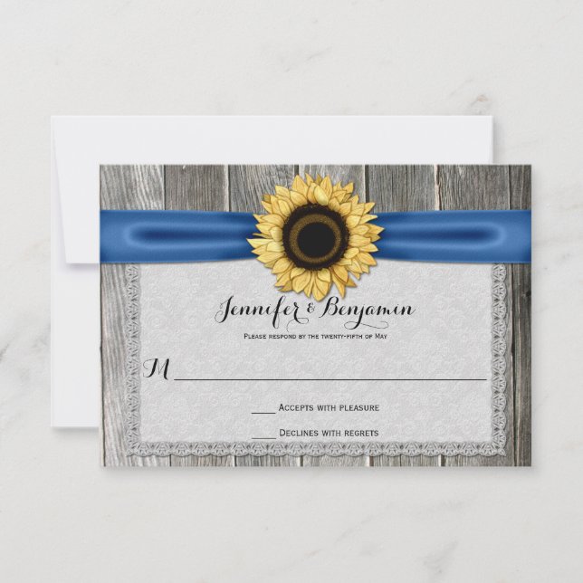 RSVP de Cinta Azul de Madera Rústica de Girasol (Anverso)