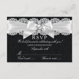 RSVP de Damasco Negro y Blanco con Lazo de Perla