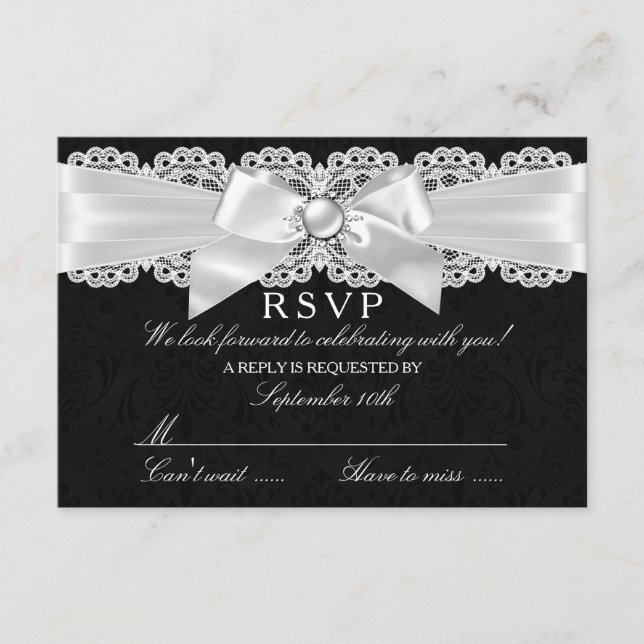 RSVP de Damasco Negro y Blanco con Lazo de Perla (Anverso)