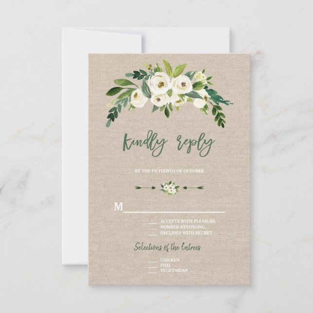 RSVP de escritura manual en arpillera floral blanc (Anverso)