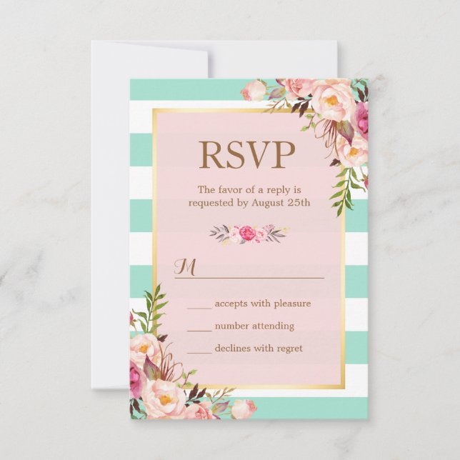 RSVP de flores rosadas verde menta y rayas blancas (Anverso)