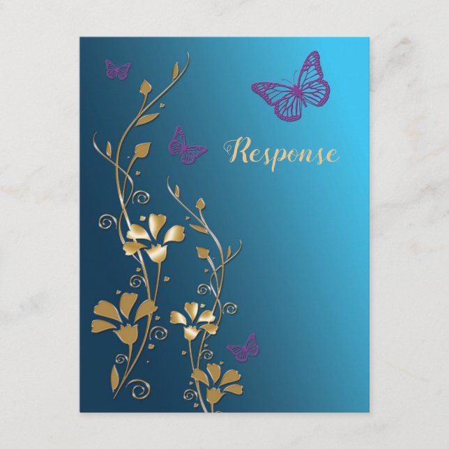 RSVP de flores y mariposas verde azuladas, de oro, (Anverso)