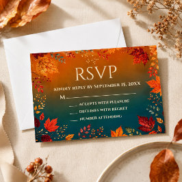 RSVP de Hojas de Otoño Teal y Naranja Rústico