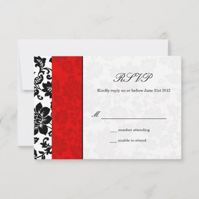 RSVP de la boda de Damask en negro y rojo (Anverso)