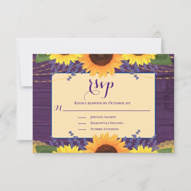 RSVP de la boda del girasol de oro púrpura rústico (Anverso)