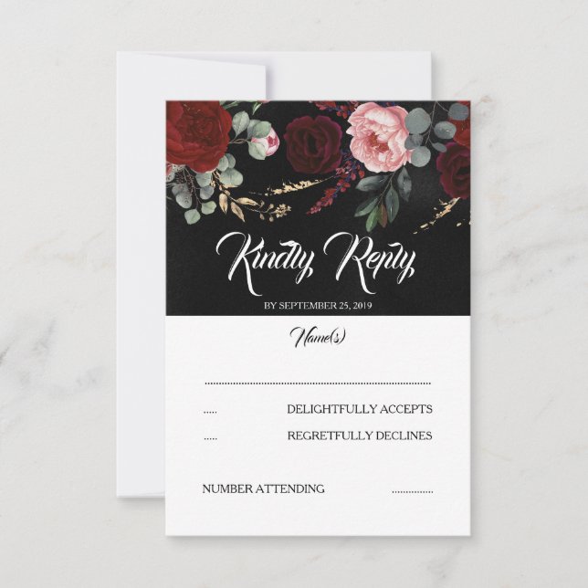 RSVP de la boda floral roja negra y borgoñona (Anverso)