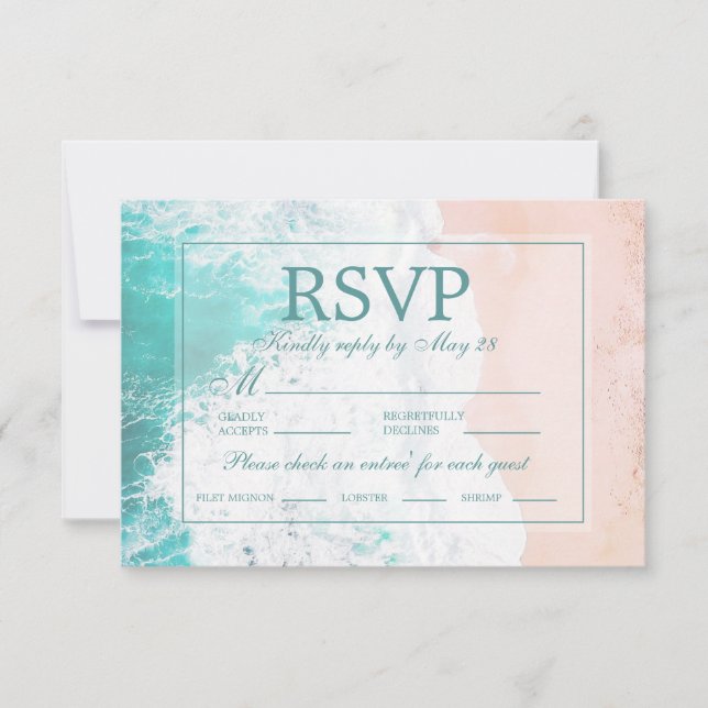 RSVP de la boda verde azulada de la arena del océa (Anverso)