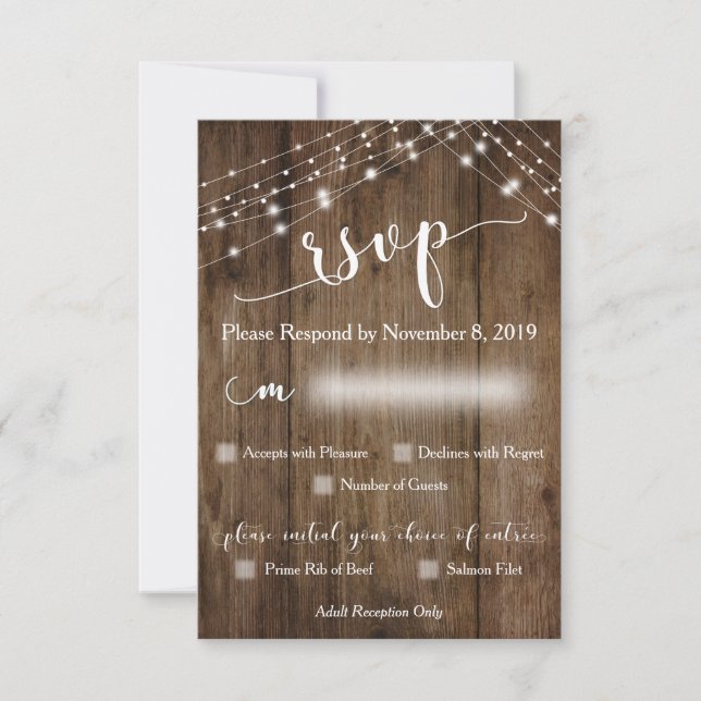 RSVP de Madera Rústica y Luces con Opciones de Men (Anverso)
