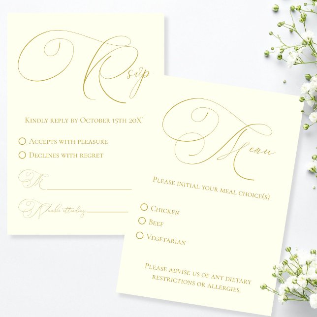 RSVP de marfil y oro con tarjeta de respuesta para (Ivory & Gold RSVP with Meal Choice Response Card)