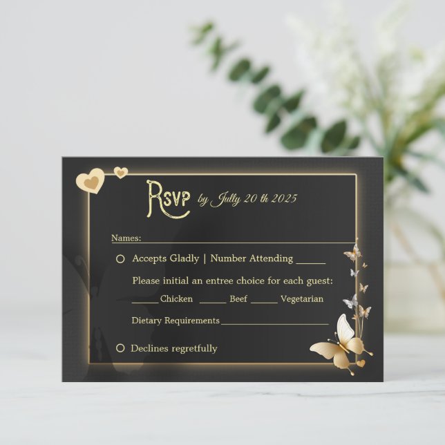 RSVP de mariposas doradas negras (Anverso de pie)